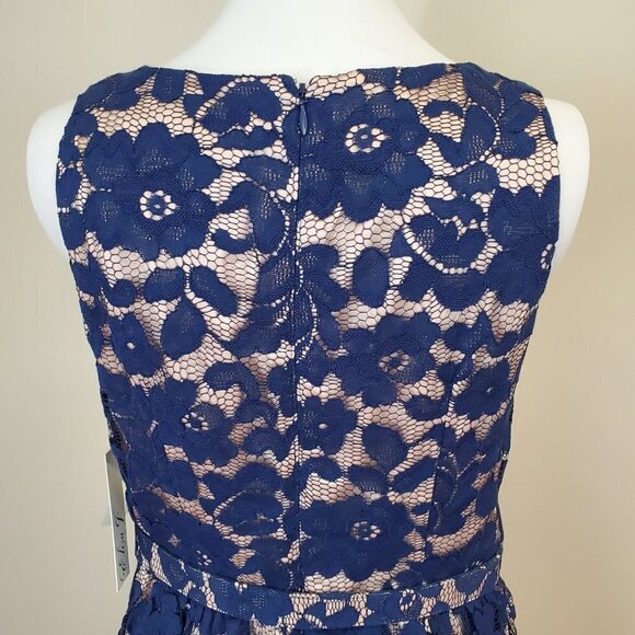 NWT Eliza J Navy Lace Illusion dress Fit & Flare Belted Cocktail sleeveless Sz 4 - Picture 9 of 16